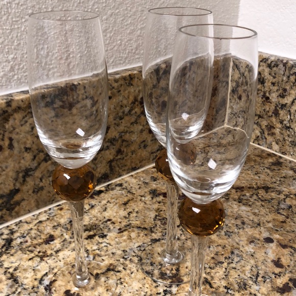 ZGallerie Set of 3 Tall fluted Champagne Glasses, Clear W/ Amber Colored - Picture 2 of 4